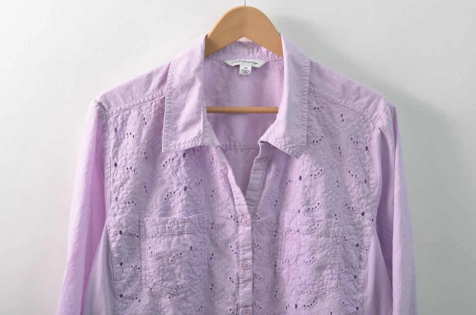 Croft & Barrow Button-Up Shirt Womens 2X Purple Eyelet Embroidered Pockets - Image 2 of 4