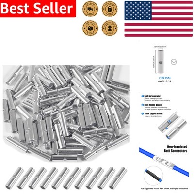 100Pcs Non Insulated Butt Connectors 16-14AWG Seamless Crimp Wire Splice Term...