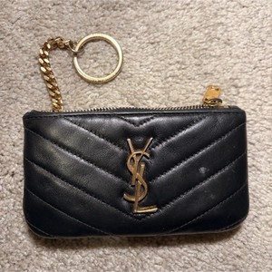 Saint Laurent Black Quilted Leather Key Case Chevron Pattern Gold Chain Logo
