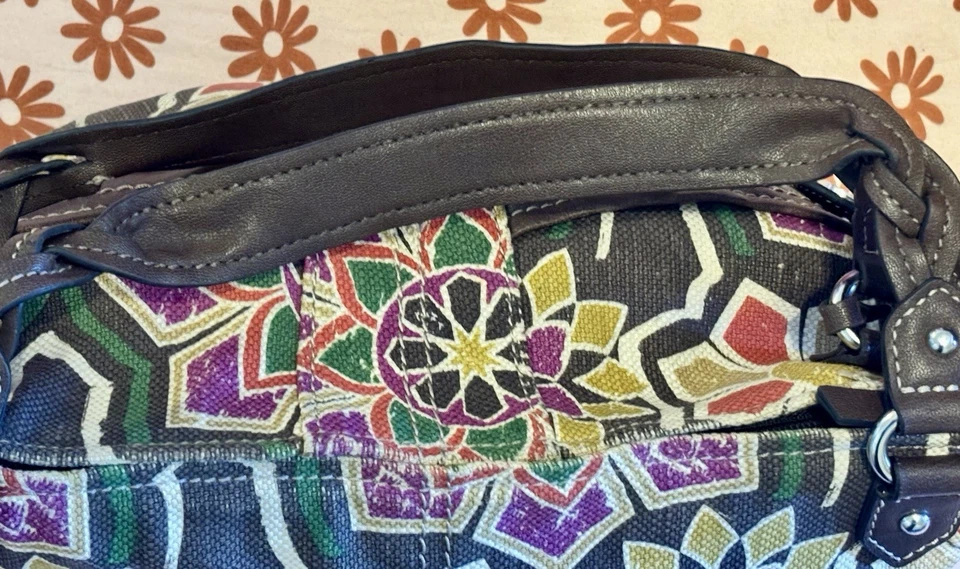 Women’s Relic Canvas Handbag Multi Colored Boho Leather Straps 12x9x5” Handle 5” - Image 3 of 4