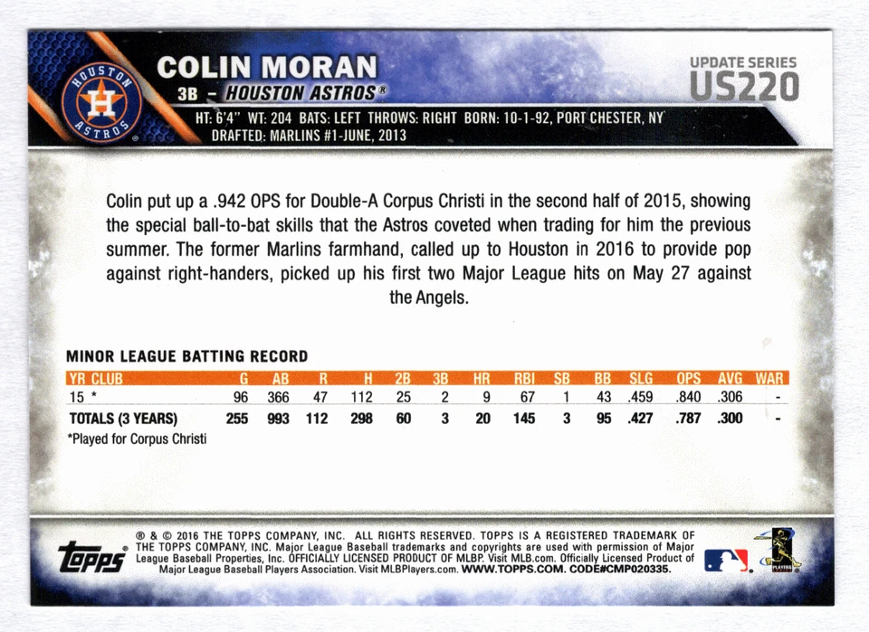 2016 Topps Update SP Variation RC #US220 Colin Moran Houston Astros - Image 2 of 2