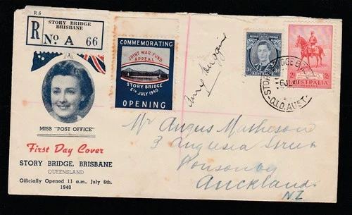 1940 AUSTRALIA Story Bridge  FDC Story Bridge to NZ Registered + Cinderella