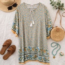 HALIFE Boho Greens Blues Floral Pull Over Rayon Thin Dress. Ladies Sz 2XL.