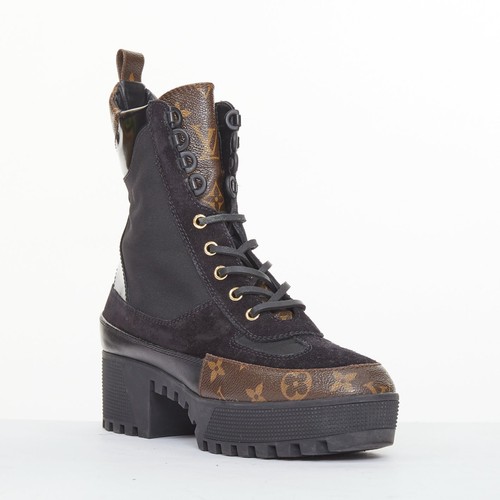 LOUIS VUITTON Laureate platform monogram black suede desert combat boot EU39 US9