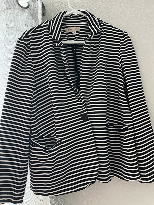 Philosophy Women Blazer XL  Black &White Stripe Knit Stretch One Button