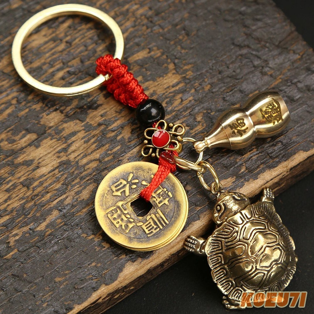 Brass Tortoise Turtle Keychain Pendant Car Key Ring Feng Shui