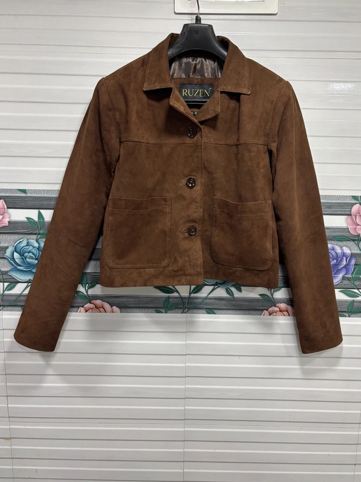 Mujeres 100% Gamuza Real Cuero Marrón Chaqueta Corta Informal Abrigo Blusa Top Foto 4 de 4