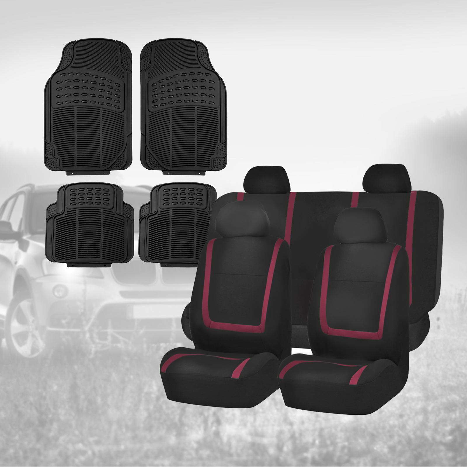 Black Burgundy Car Seat Covers with Black Floor Mats Combo for Auto Car SUV