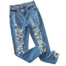 American Eagle Womens 00 Mom Jeans Distressed Raw Hem Stretch Denim