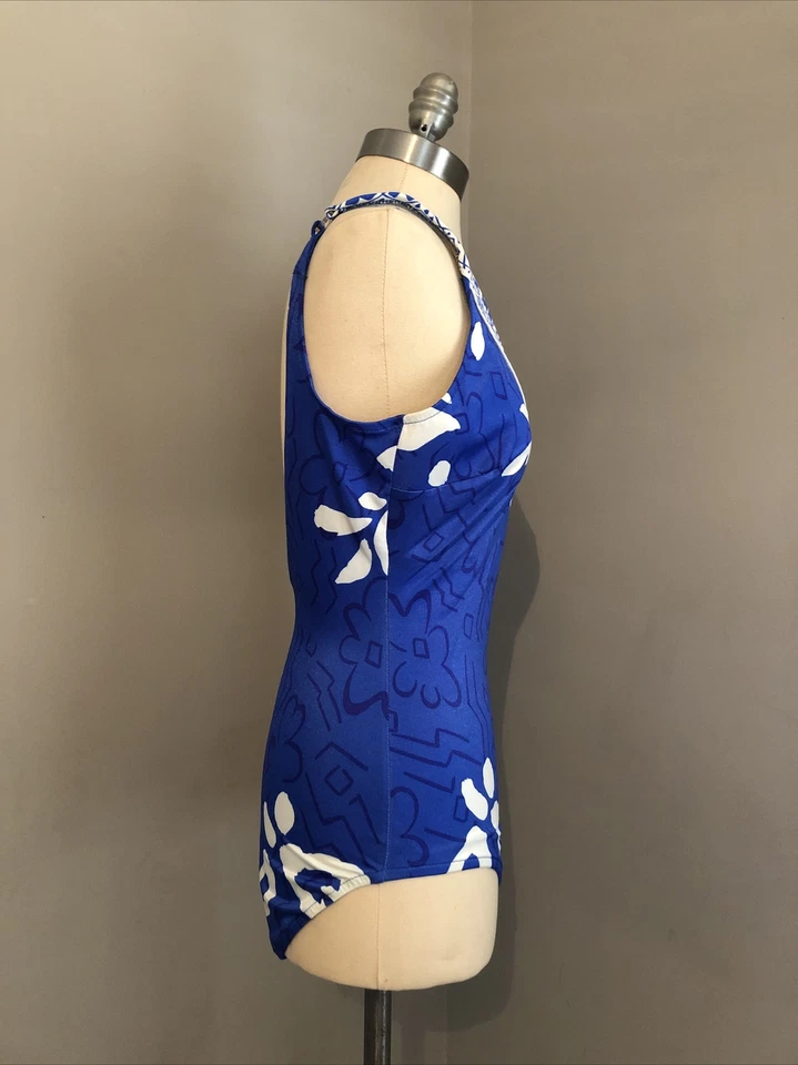 Винтажный 70-х Roxanne цельный купальник синий белый мод цветочный геометрический 32D XS/S США - Изображение 2 из 4