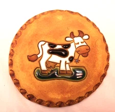 Vtg Nan Groves pottery bread tile stone warmer with enamel cow farm cottage core