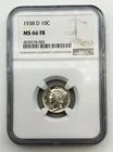 1938-D Mercury Dime 10C NGC MS66 FB Full Bands Silver US Coin Winged Liberty BM1