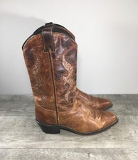 Tooled Inlay Vintage Snip Toe Western Cowboy Brown Leather Womens Boots Size 8 M