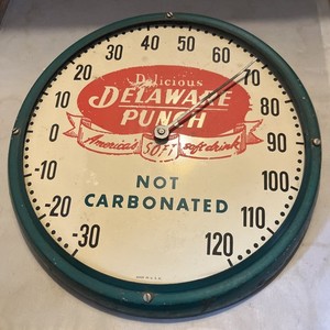 C1930s Delaware Punch Tin Litho Advertising Thermometer