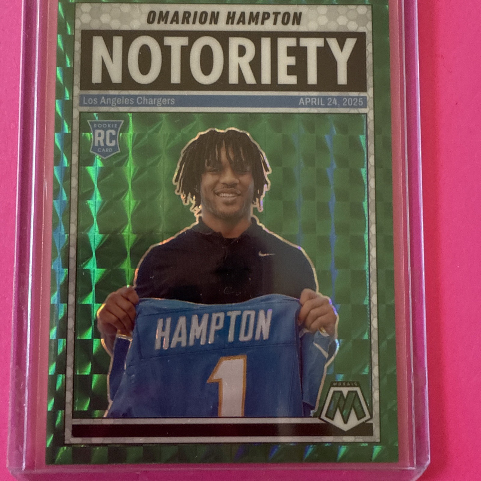 2025 Panini Mosaic-Notoriety Omarion Hampton #20 Green Mosaic Prizm RC Chargers