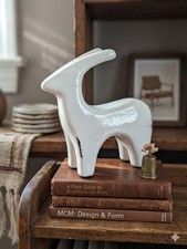 ​Modernist White Crackle Gazelle Figurine Heavy White Stoneware  MCM Style 5"x6"