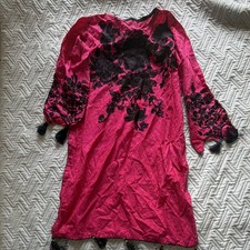 Pink Embroidered Women's Kurta with Black Floral  Tassel Sleeves