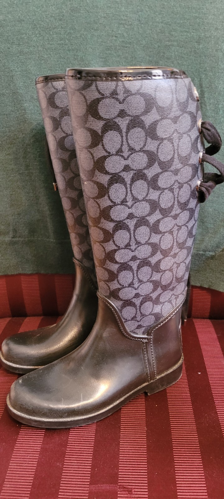 Coach Rain Boots Tristee Sz 6 Lace Up Gray Black Logo-image