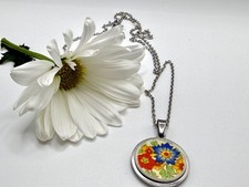 Broken China Colorful Flowers Necklace-Vintage plate, unique from recycled