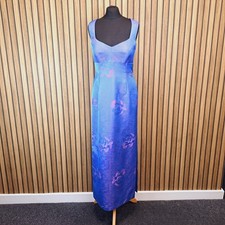 Vintage DUSK Evening Maxi Dress Satin Blue Pink Floral UK 12 14 Straight