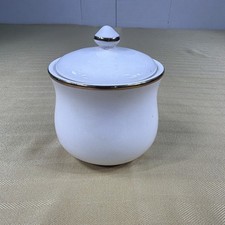 Gibson Everyday White Ceramic Sugar Bowl w/ Lid, Silver Trim Glossy Solid