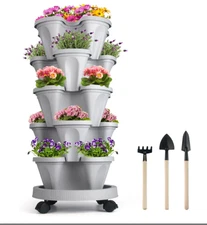Strawberry Planter 5 Tier Stackable Vertical Garden Tower Wheels Gray