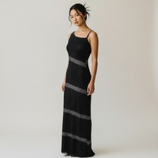 Vintage Y2K 2000s Zum Zum Black Metallic Silver Glitter Stripe Long Prom Dress