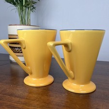 2x Churchill Yellow Mugs Blue Rim Art Deco Style Vintage Tea Coffee Cups Retro