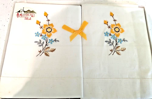 Vintage pair Irish Linen pillowcases with floral embroidery unused in box