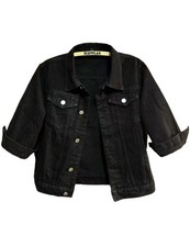 Women's 3/4 Sleeve Short Denim Jacket Lapel Button Down Cropped Trucker Jean ...