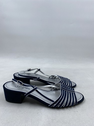 Chanel Blue Suede Silver Slingback Heel W 6.5