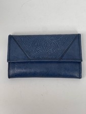 Vintage navy Blue Genuine leather checkbook wallet Tooled Blue