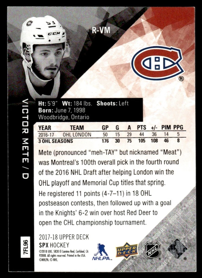 2017-18 SPx Rookies Victor Mete Montreal Canadiens #R-VM - Image 2 of 2