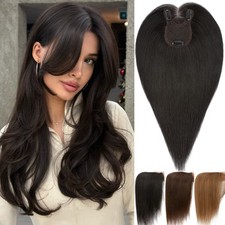 Clip In Human Hair Toppers with Curtain Bangs Lace Base Top Hair Piece for Women