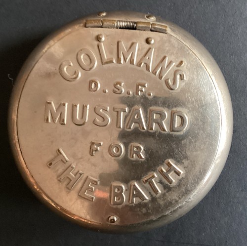 vintage colmans DSF mustard tin For The Bath Rare Silver Plate Tin Spring Lid