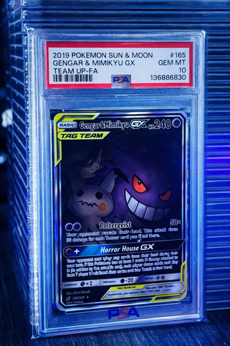 2019 POKEMON SUN & MOON TEAM UP #165 FULL ART/GENGAR & MIMIKYU GX PSA 10