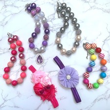 New Girls 6pc LOT Bubblegum Beaded Necklace Chunky Baby Kids Jewelry  Headband