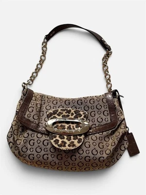 Guess Bag Monogram Canvas Leopard Print Pony Hair Flap Gold Chain Purse - Photo 1/4