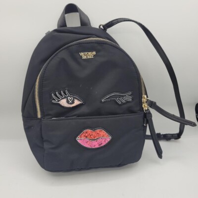 Victorias Secret  Women's Black Mini Backpack Winky Face Sequin Lips