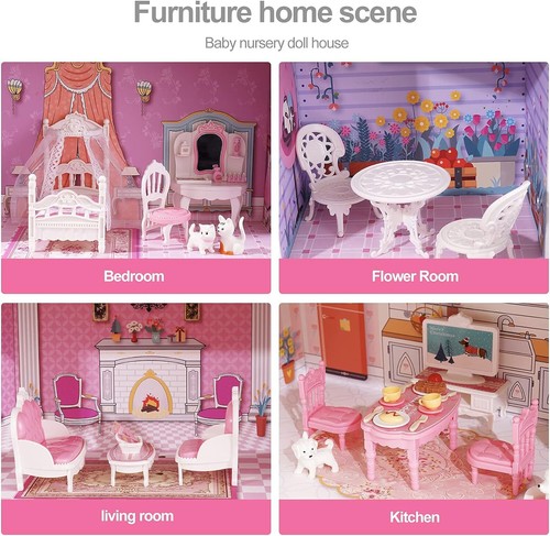 Wooden Dollhouse Playset 3 Stories 5 Rooms 24 PCS Furniture Pretend Play Toys - Picture 3 of 7