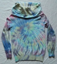 Tie Dye Blue Rainbow Cotton Angora Turtleneck Sweater XS Womens Hand Made Small