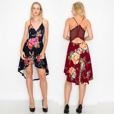 Floral Dress Spaghetti Strap High-Low Hem Sleeveless Lace Back Zipper D3907