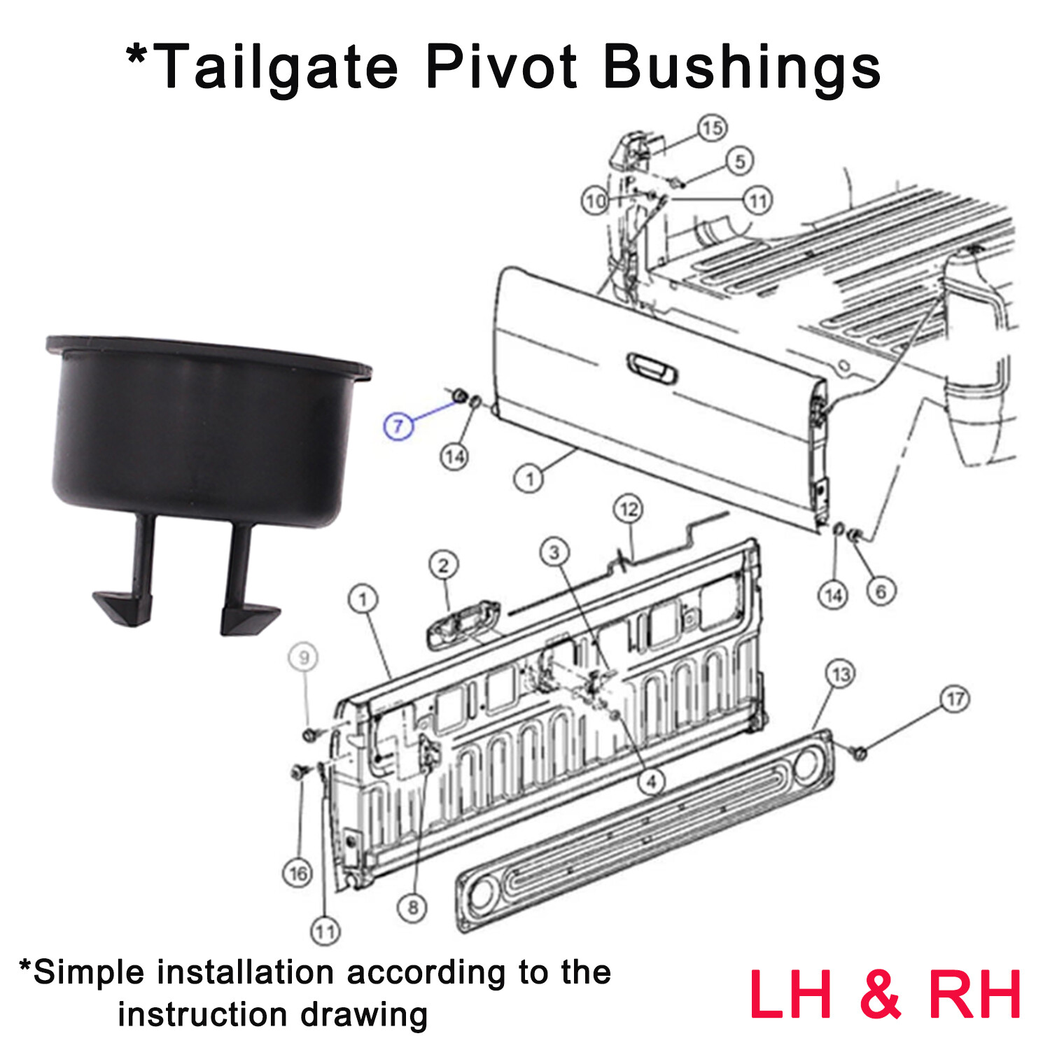 Set of 2 Left & Right Tailgate Pivot Bushings Fits for Dodge Ram 2500 3500 1500
