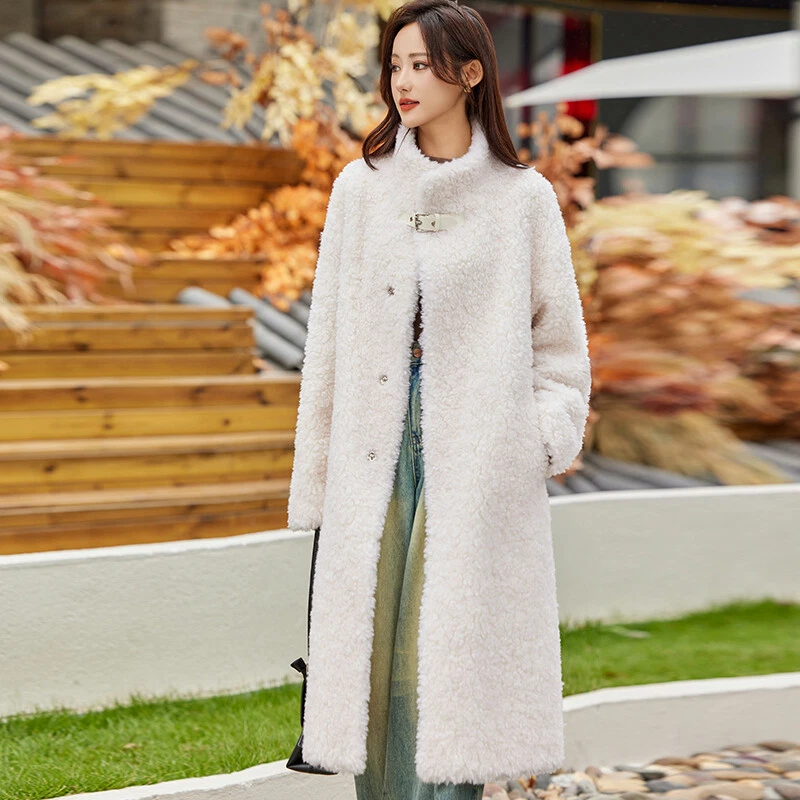 OFF WHITE Cappotto lungo sopra il ginocchio pelliccia shearling vera lana di agnello collo alto tg