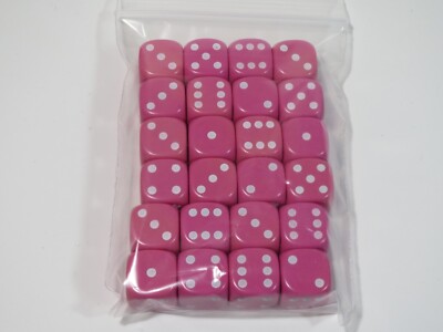 NEW Dice Set of 24 D6 -14 mm Opaque Pink w/white pips