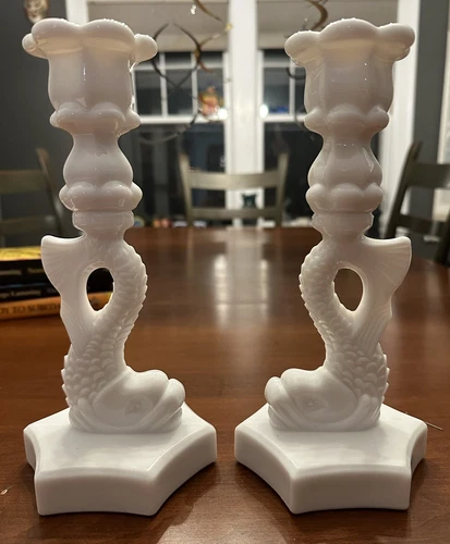 Westmoreland Milk Glass Dolphin Candle Holder Candlestick Vintage PAIR