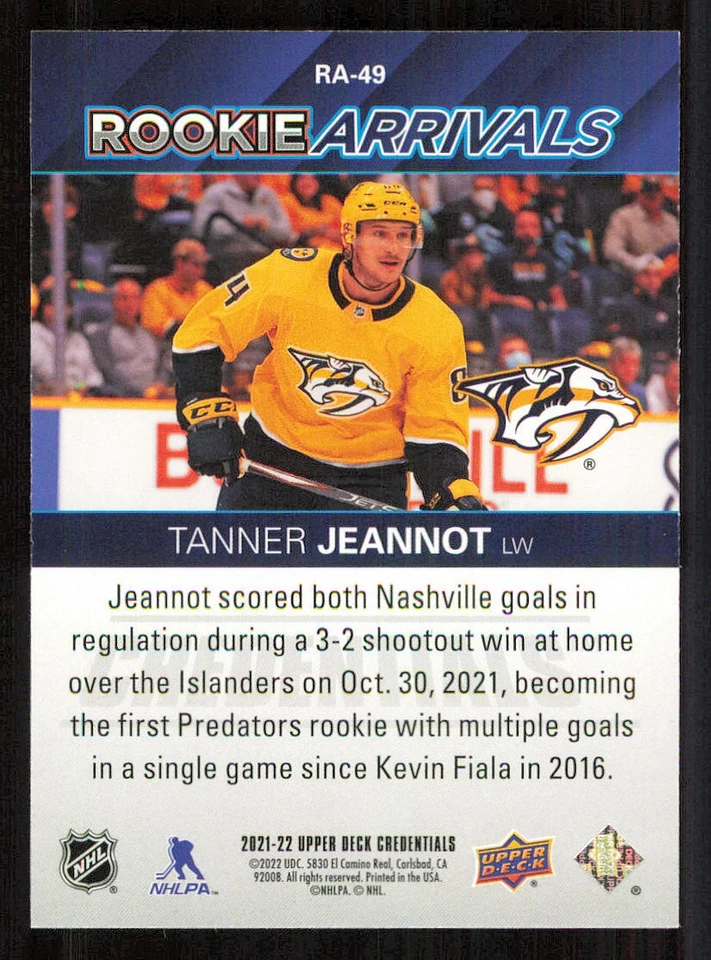 2021-22 Upper Deck Credentials Rookie Arrivals #RA49 Tanner Jeannot - Image 2 of 2