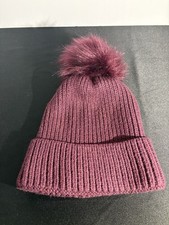 Ribbed Faux Fur Pom Pom Beanie Knit Hat, Plum