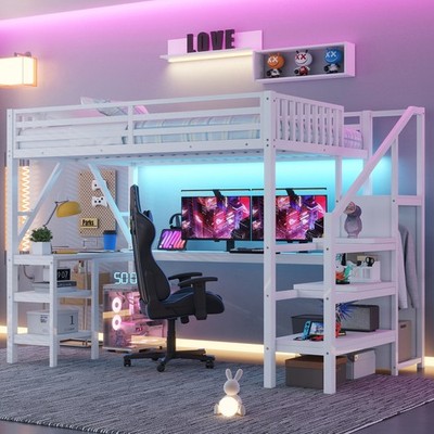 Full Loft Bed w/ L-Shaped Desk & Wardrobe, Built-in LED Lights & USB, White