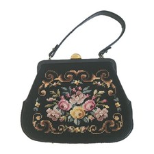 VTG Needlepoint Floral Tapestry Purse Handbag Gold Top Clasp MCM Black 9x12 50's